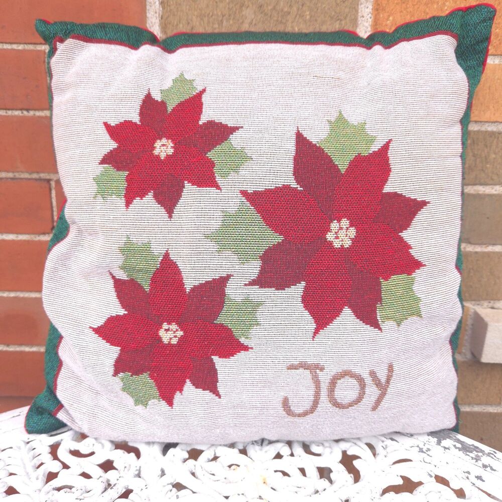 Christmas Poinsettia Joy Tapestry Pillow 17x17 Red Green Holiday Decor